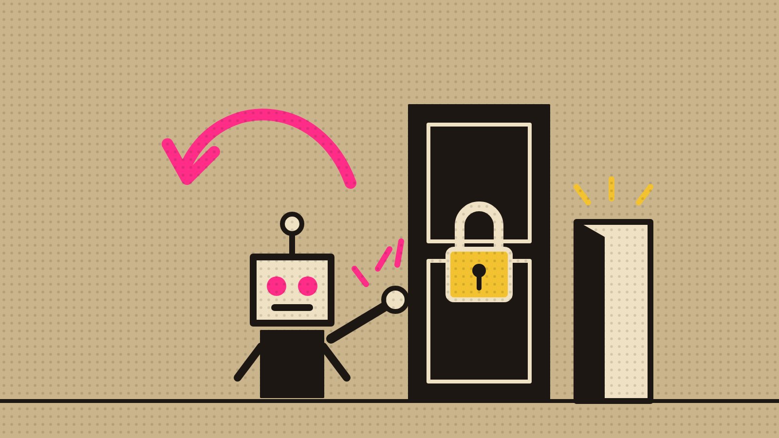 A robot knocks on a padlocked door and turns back, while a small door beside it stands open